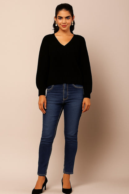 Acrylic Full Sleeve with V-Neck Knitted Black Sweater