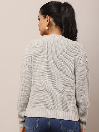 Acrylic Full Sleeve with V-Neck Knitted Grey Sweater