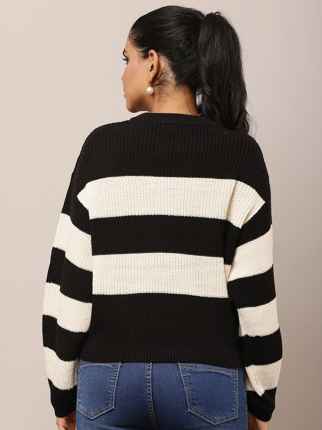 Acrylic Full Sleeve with Round Neck Black and Cream Striped Baggy Style Sweater