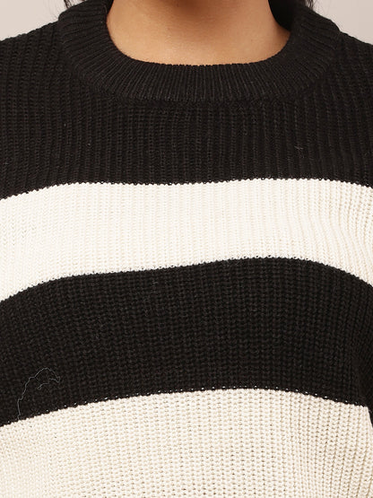 Acrylic Full Sleeve with Round Neck Black and Cream Striped Baggy Style Sweater
