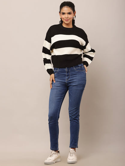 Acrylic Full Sleeve with Round Neck Black and Cream Striped Baggy Style Sweater