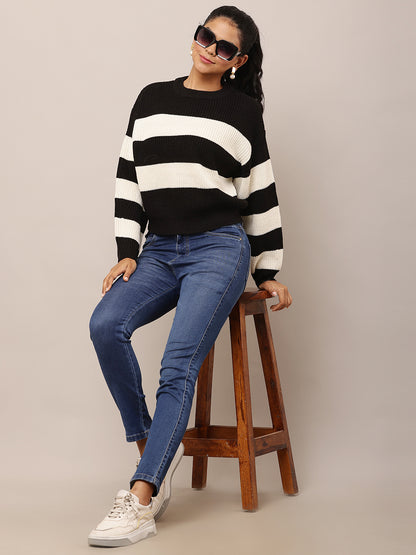 Acrylic Full Sleeve with Round Neck Black and Cream Striped Baggy Style Sweater