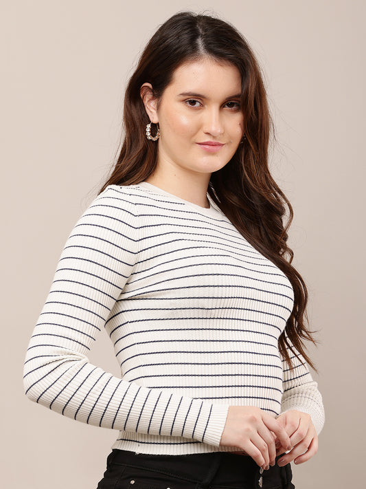 Viscose Full Sleeve with Round Neck off-white Striped Sweater
