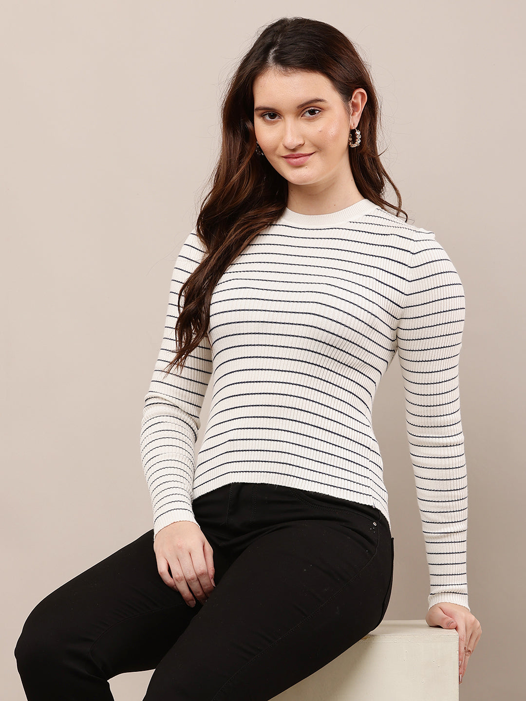 Viscose Full Sleeve with Round Neck off-white Striped Sweater