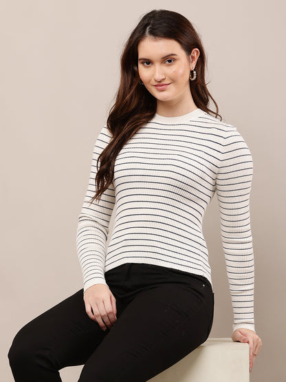 Viscose Full Sleeve with Round Neck off-white Striped Sweater