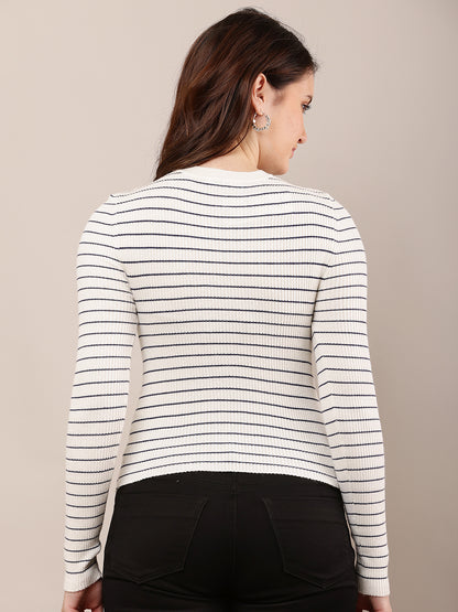 Viscose Full Sleeve with Round Neck off-white Striped Sweater