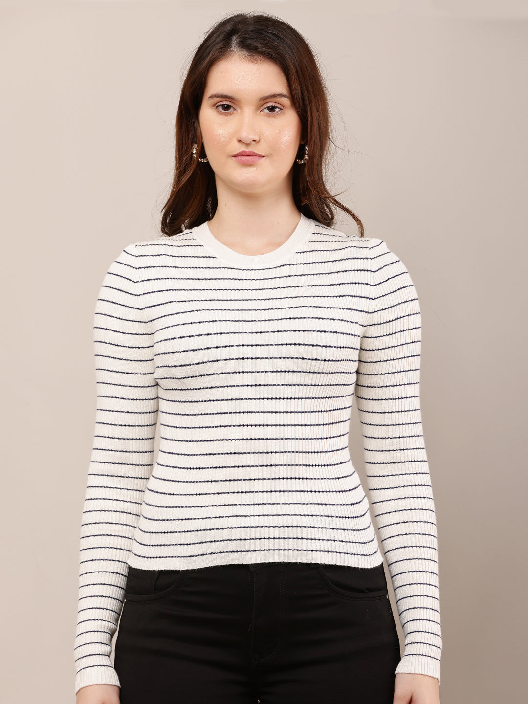 Viscose Full Sleeve with Round Neck off-white Striped Sweater