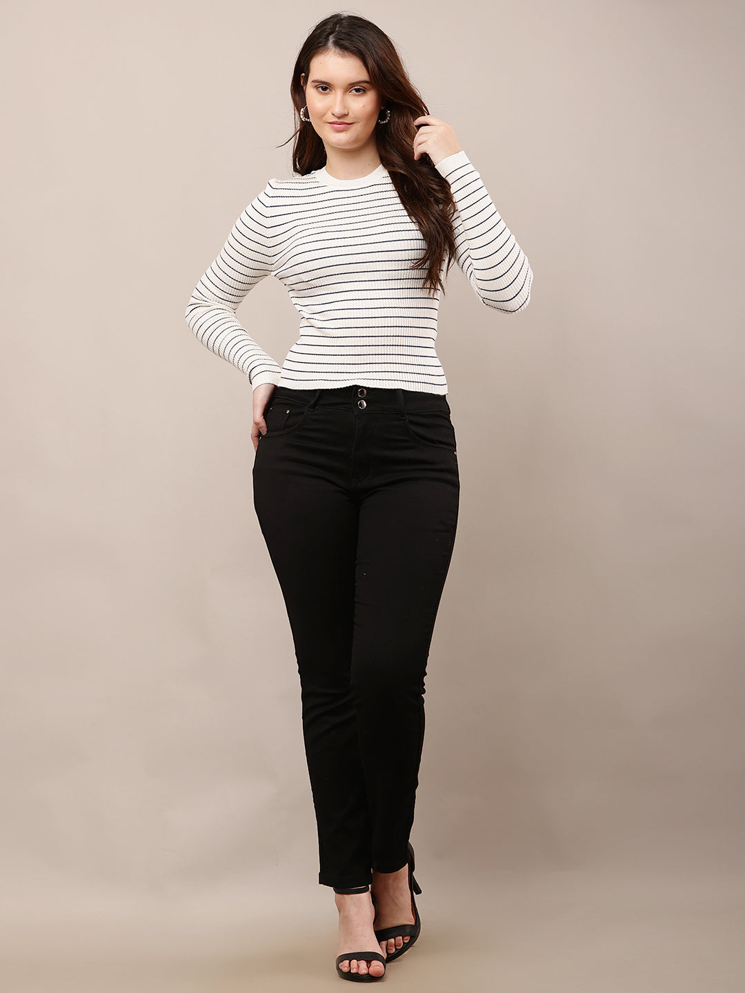 Viscose Full Sleeve with Round Neck off-white Striped Sweater