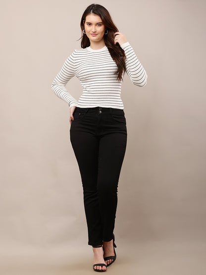 Viscose Full Sleeve with Round Neck off-white Striped Sweater