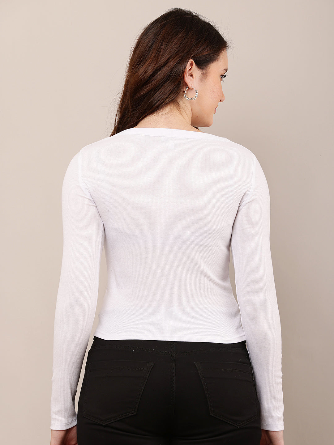 Cotton Full Sleeve with Round Neck White Top