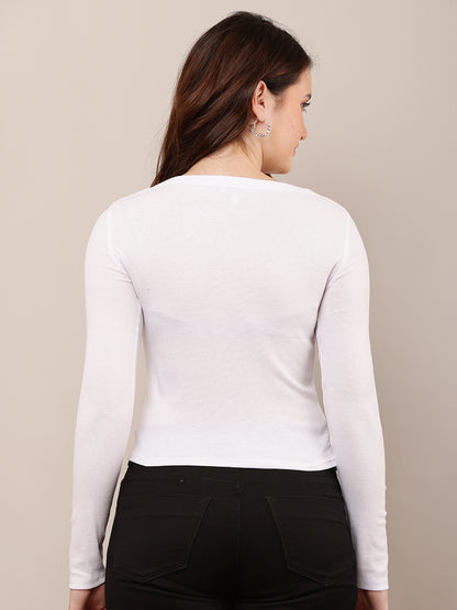 Cotton Full Sleeve with Round Neck White Top