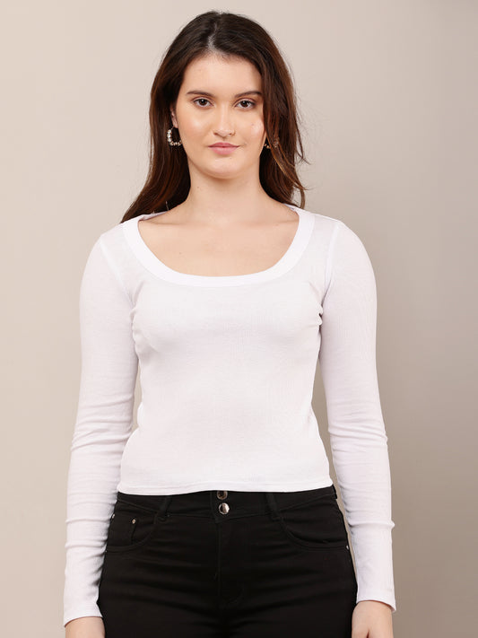 Cotton Full Sleeve with Round Neck White Top