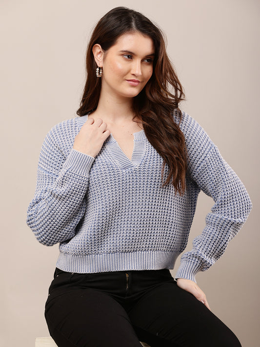 Cotton Full Sleeve with V-Neck Blue Baggy style Knitted Sweater