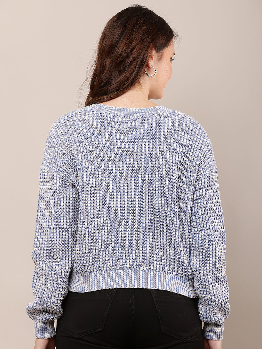 Cotton Full Sleeve with V-Neck Blue Baggy style Knitted Sweater