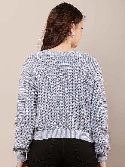 Cotton Full Sleeve with V-Neck Blue Baggy style Knitted Sweater