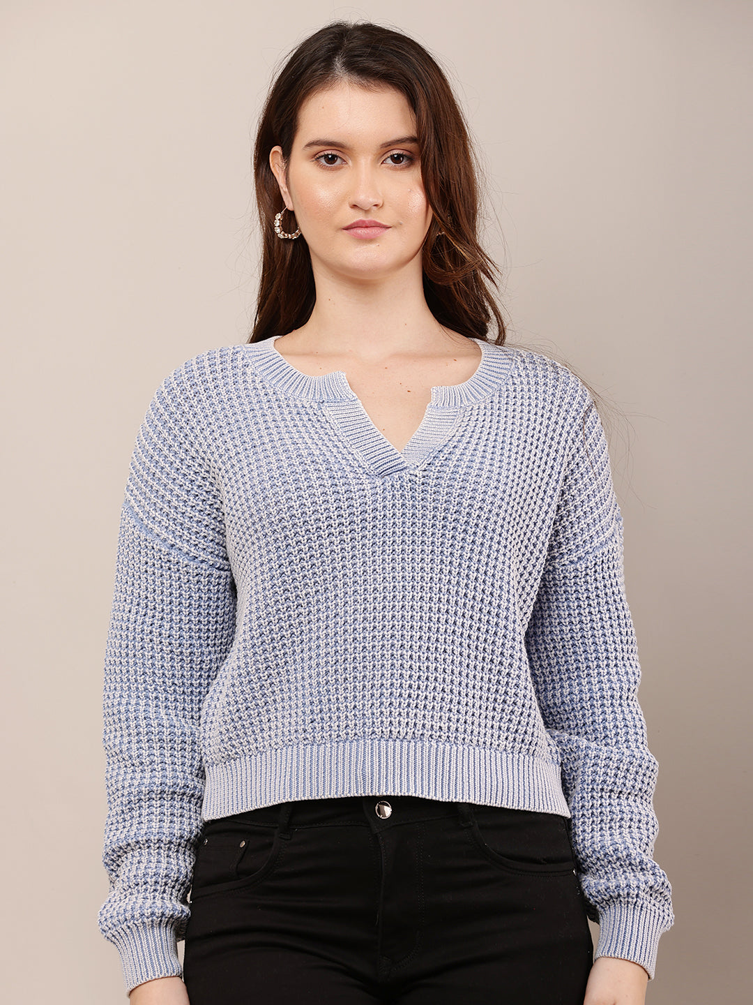 Cotton Full Sleeve with V-Neck Blue Baggy style Knitted Sweater