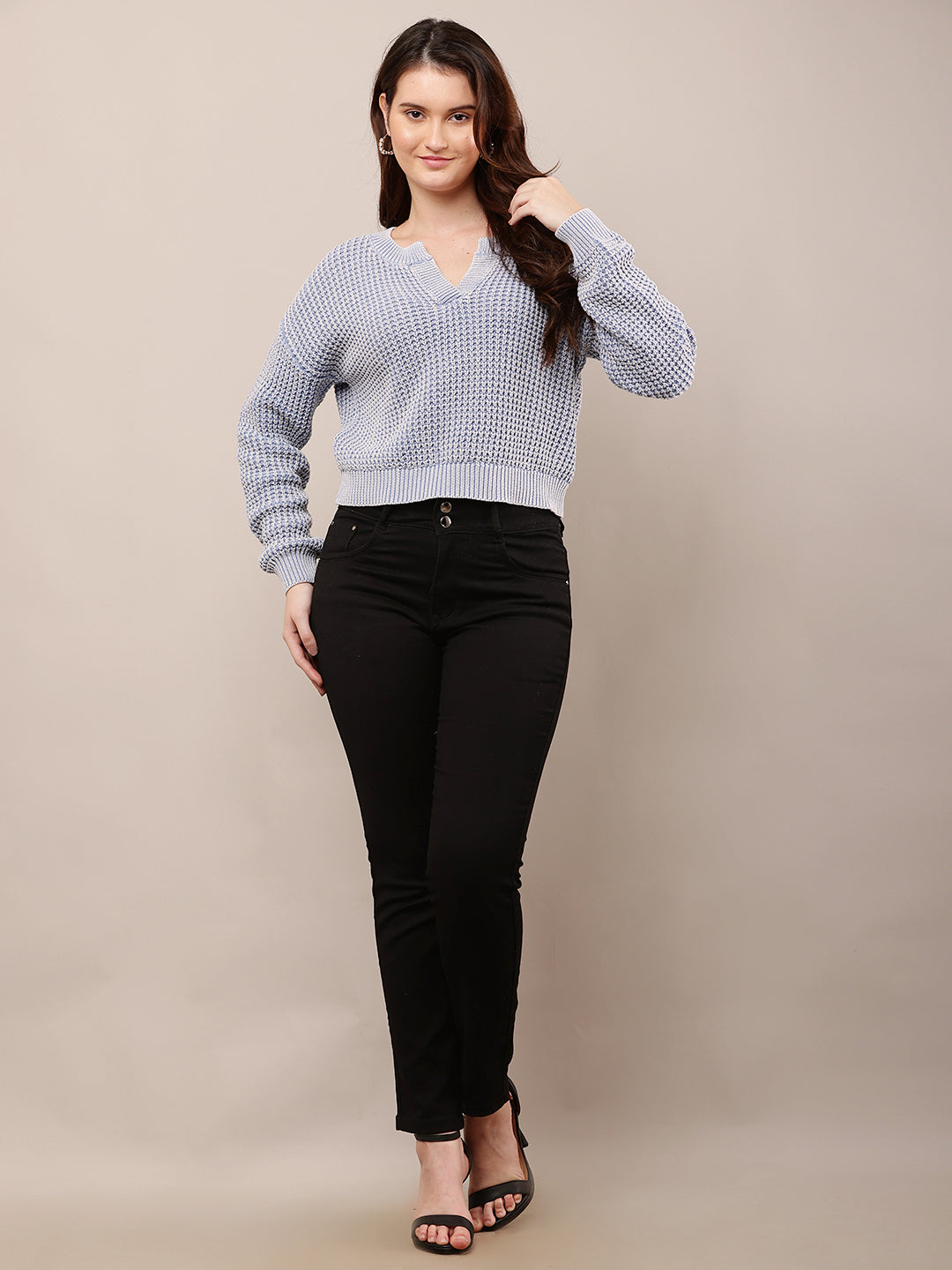Cotton Full Sleeve with V-Neck Blue Baggy style Knitted Sweater