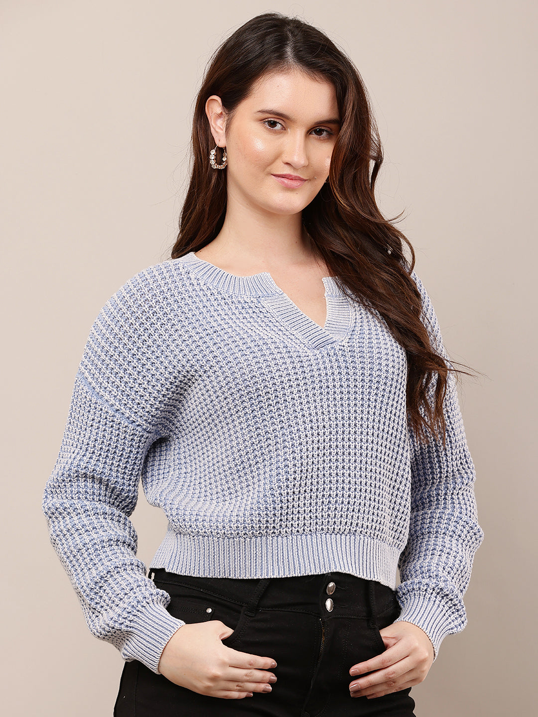 Cotton Full Sleeve with V-Neck Blue Baggy style Knitted Sweater