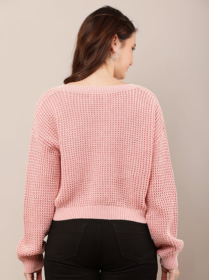Cotton Full Sleeve with V-Neck Pink Baggy style Knitted Sweater