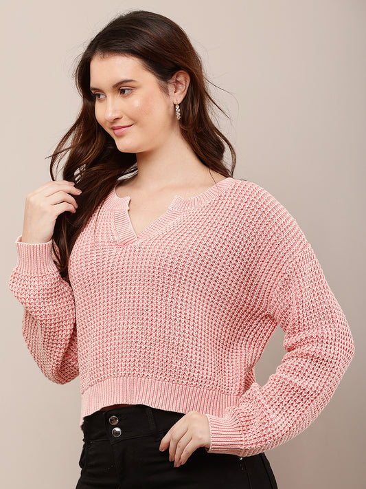 Cotton Full Sleeve with V-Neck Pink Baggy style Knitted Sweater