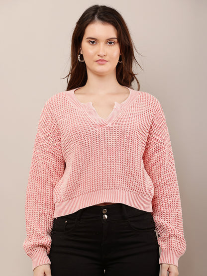 Cotton Full Sleeve with V-Neck Pink Baggy style Knitted Sweater