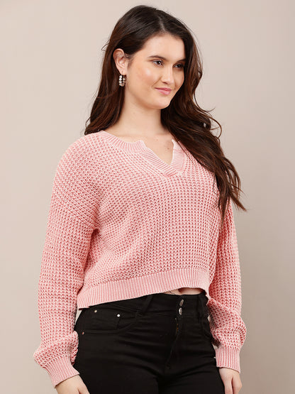 Cotton Full Sleeve with V-Neck Pink Baggy style Knitted Sweater