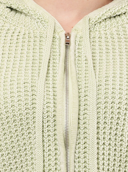 Cotton Full Sleeve with Hooded Knitted Crop Green Sweatshirt