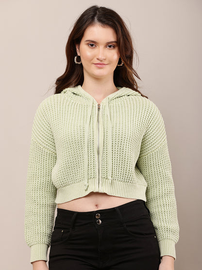 Cotton Full Sleeve with Hooded Knitted Crop Green Sweatshirt