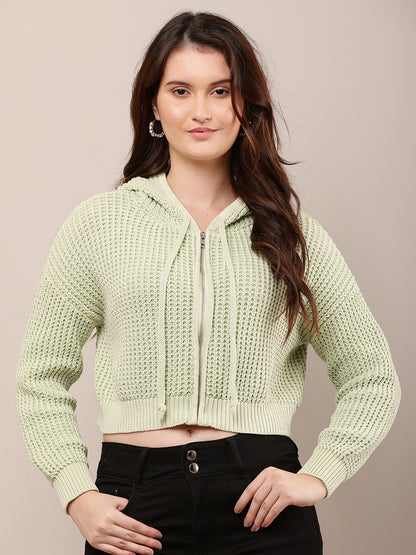 Cotton Full Sleeve with Hooded Knitted Crop Green Sweatshirt
