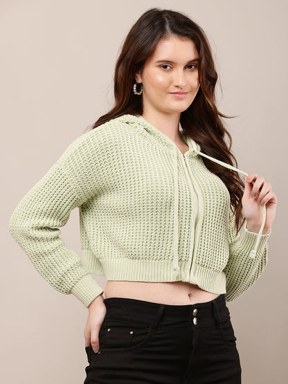 Cotton Full Sleeve with Hooded Knitted Crop Green Sweatshirt