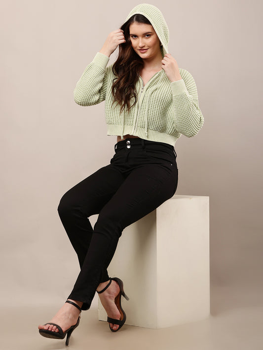 Cotton Full Sleeve with Hooded Knitted Crop Green Sweatshirt