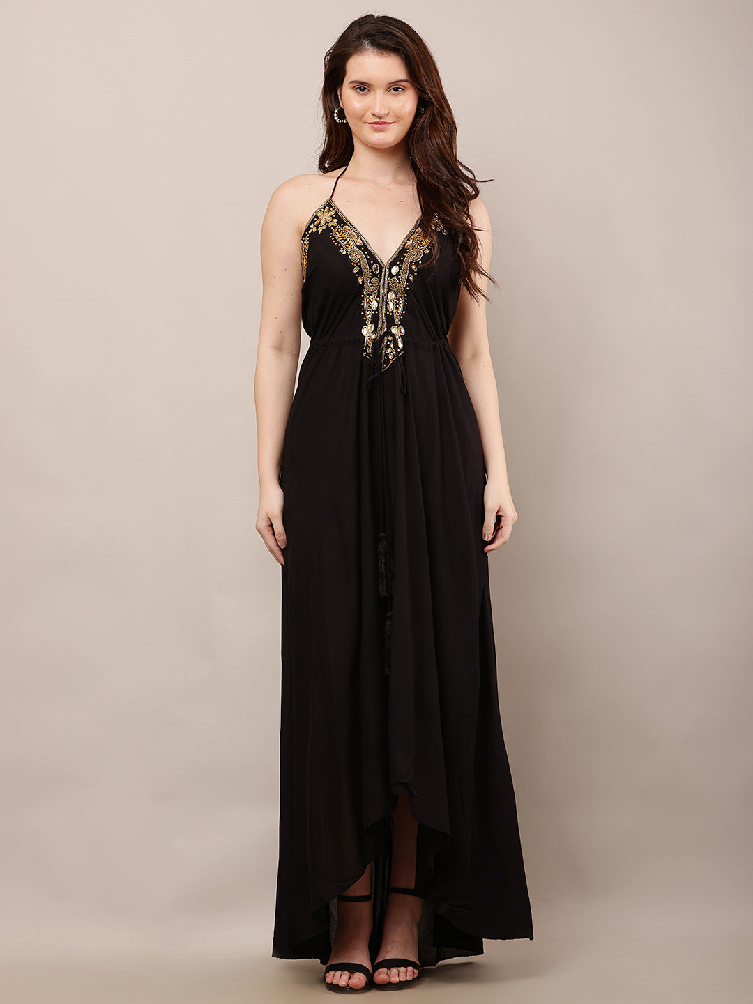 Rayon Sleeveless with V-Neck Embellished Maxi Black Dress