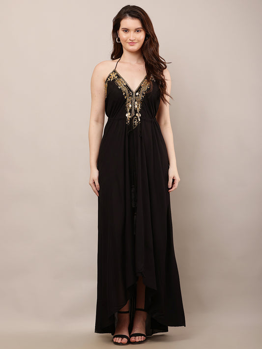 Rayon Sleeveless with V-Neck Embellished Maxi Black Dress