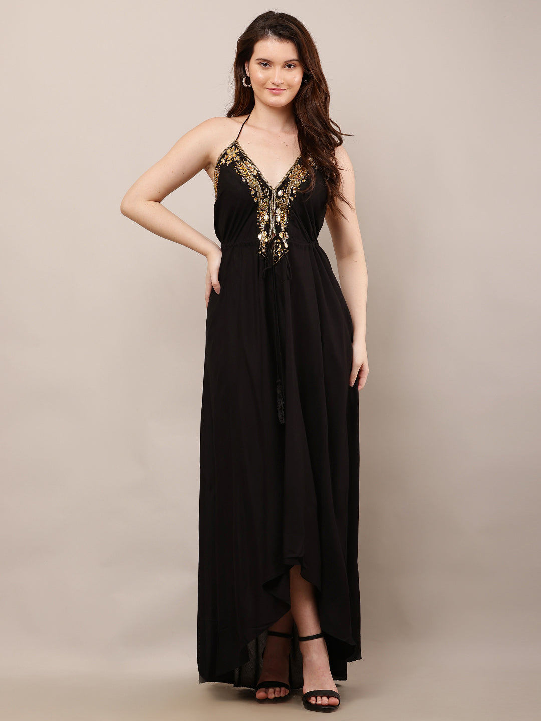 Rayon Sleeveless with V-Neck Embellished Maxi Black Dress