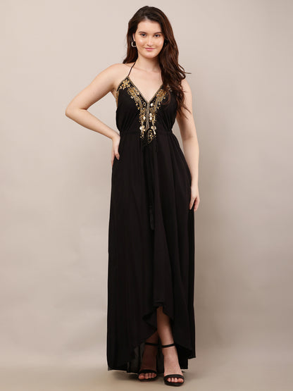 Rayon Sleeveless with V-Neck Embellished Maxi Black Dress