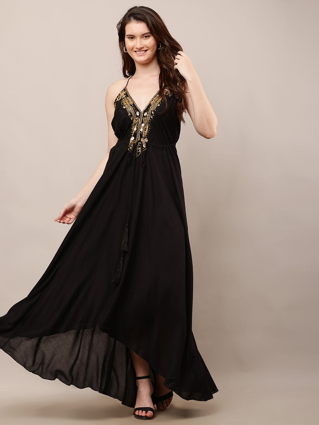 Rayon Sleeveless with V-Neck Embellished Maxi Black Dress