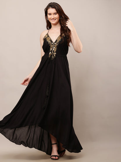 Rayon Sleeveless with V-Neck Embellished Maxi Black Dress
