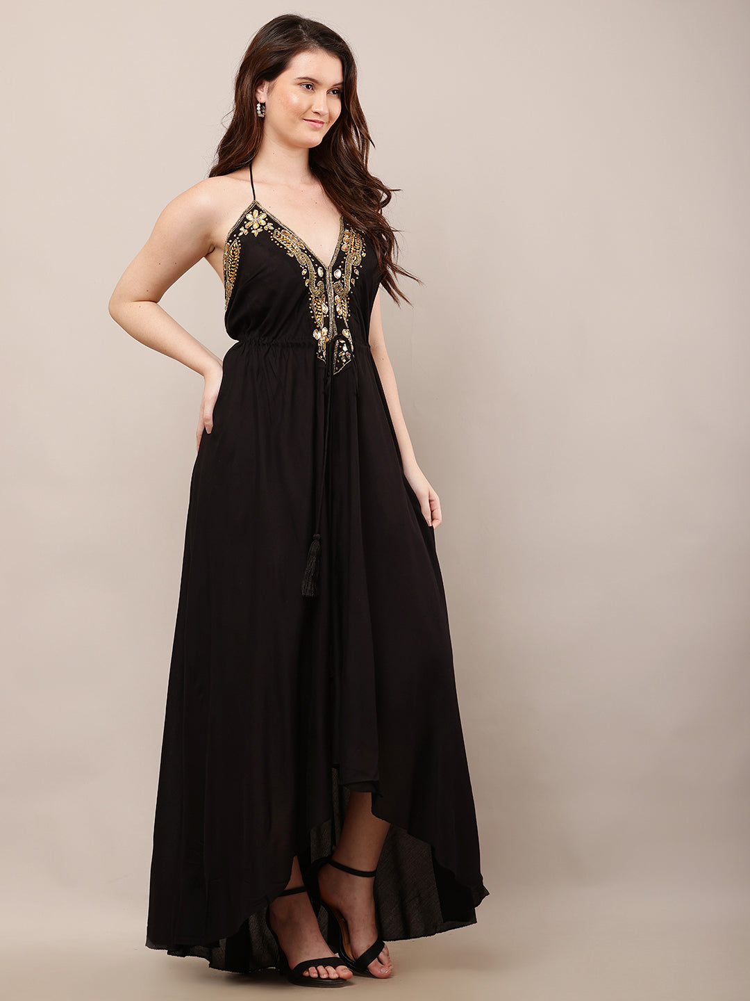 Rayon Sleeveless with V-Neck Embellished Maxi Black Dress