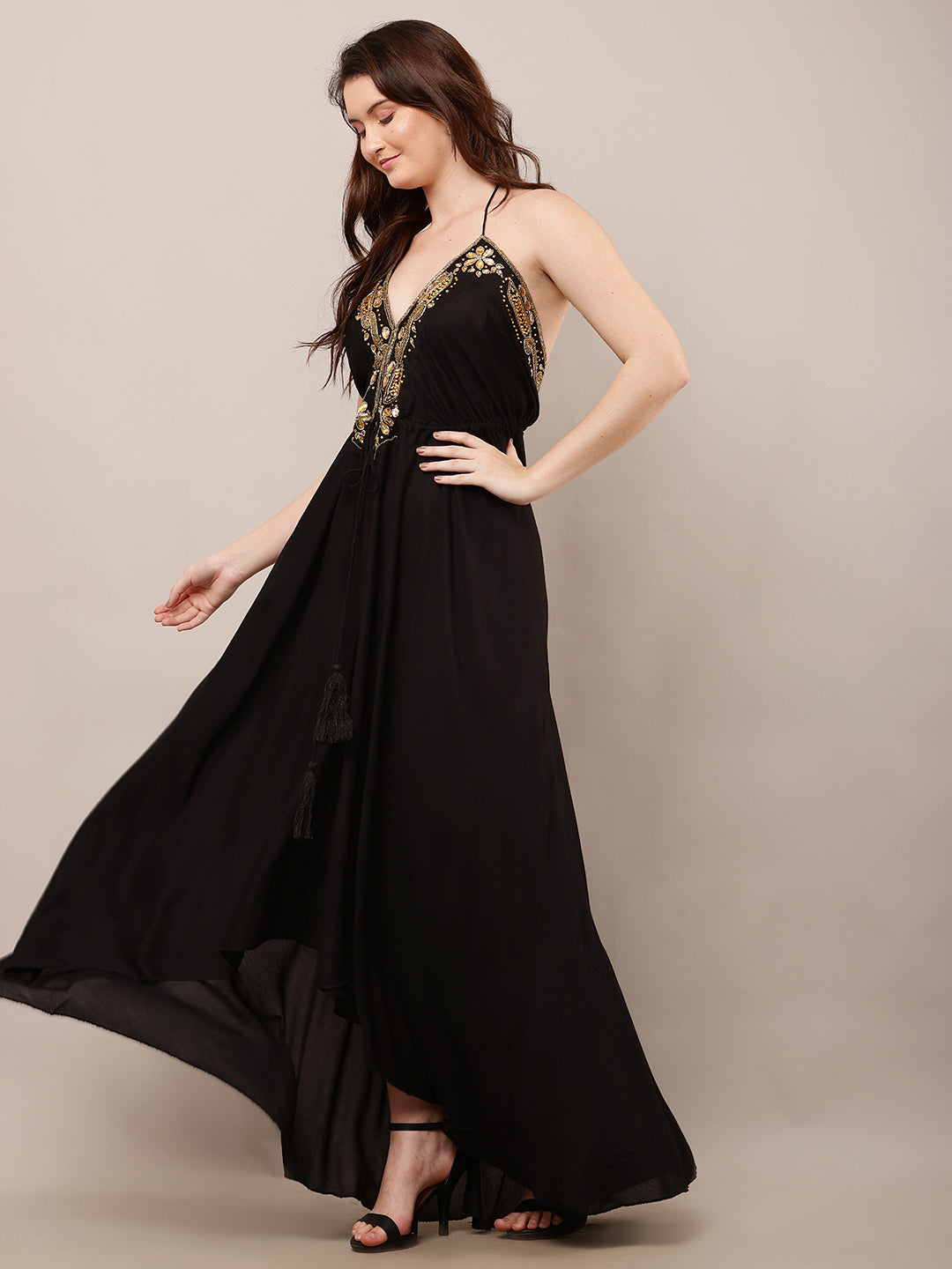 Rayon Sleeveless with V-Neck Embellished Maxi Black Dress
