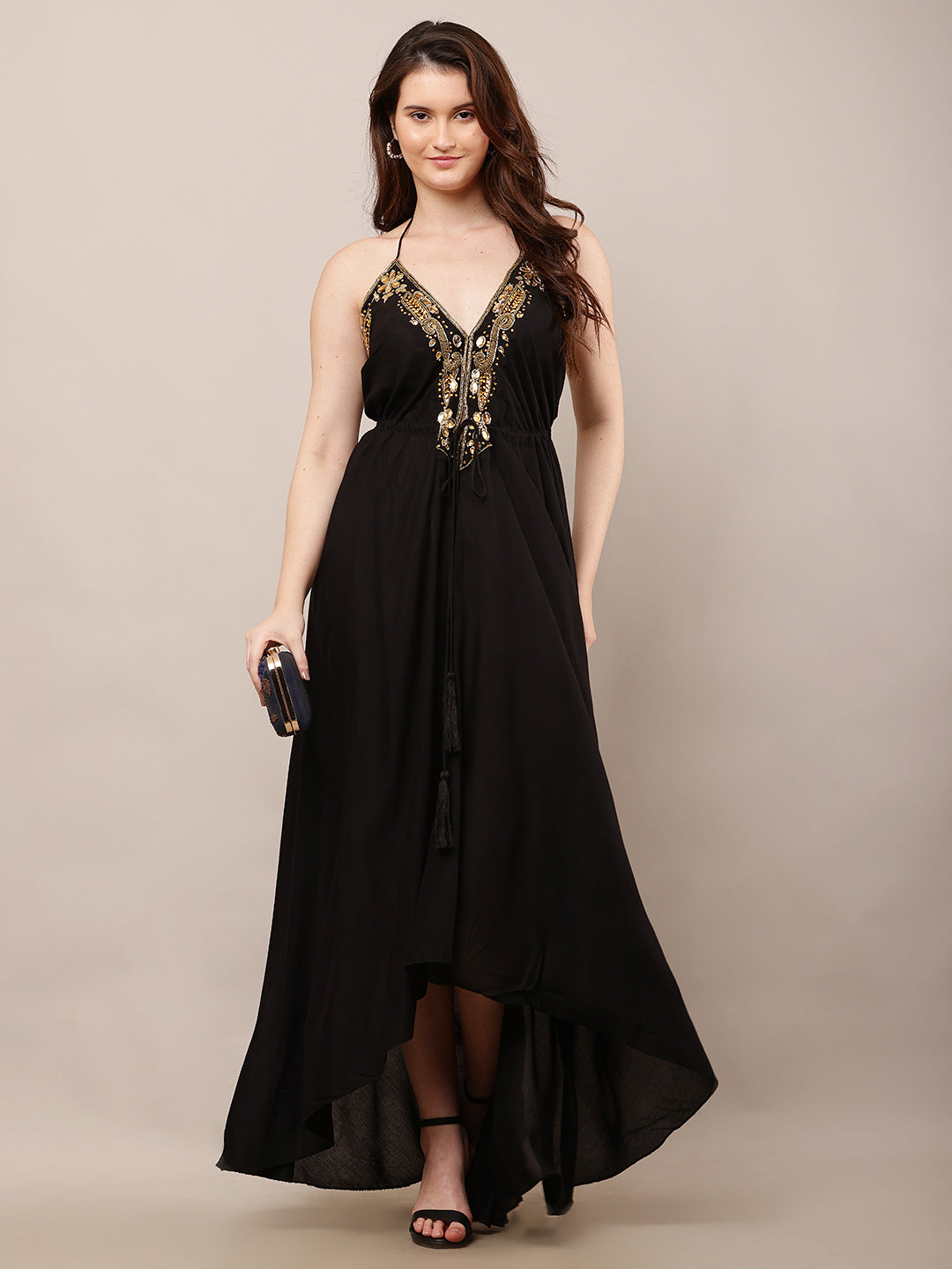 Rayon Sleeveless with V-Neck Embellished Maxi Black Dress