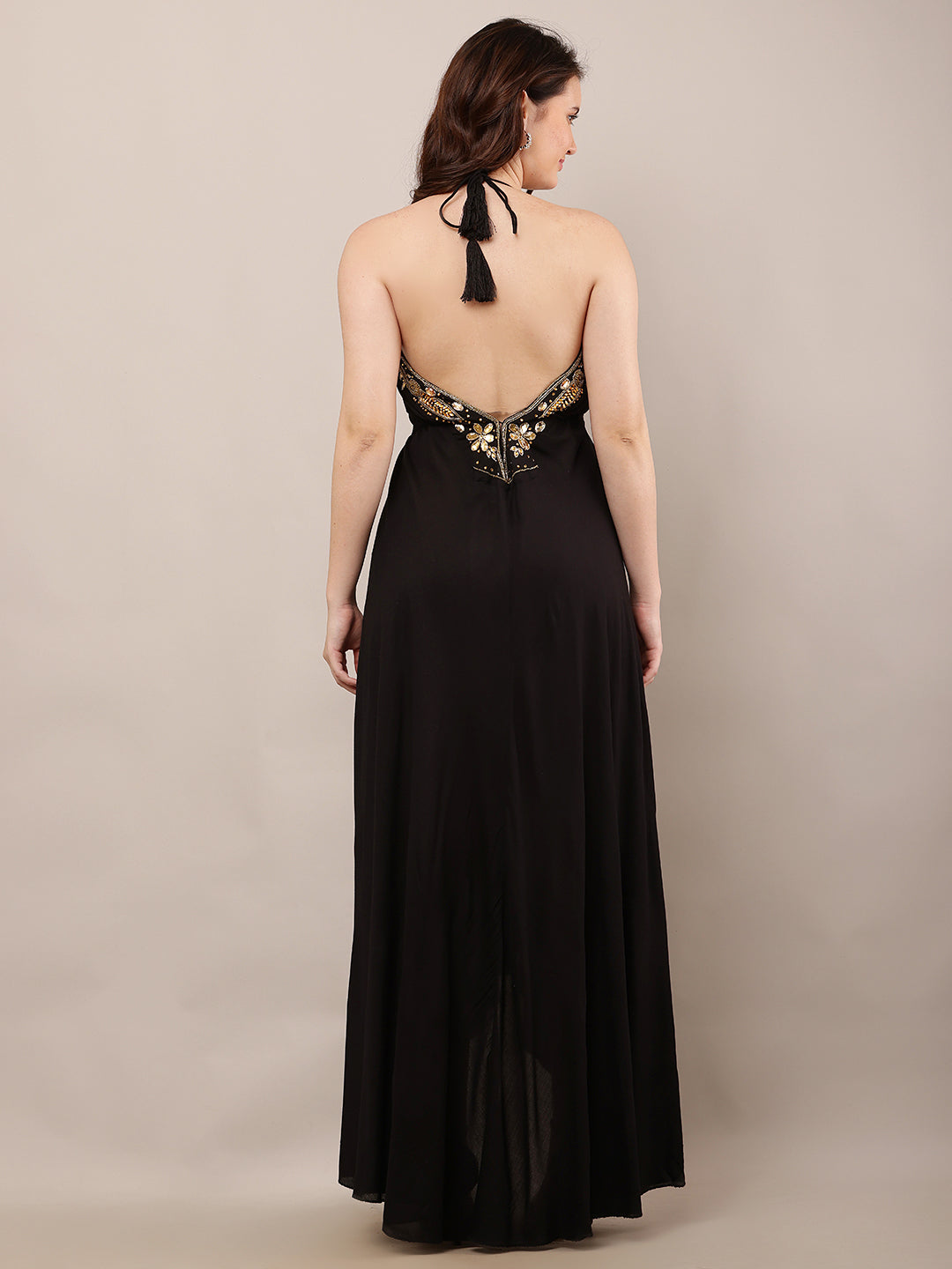 Rayon Sleeveless with V-Neck Embellished Maxi Black Dress