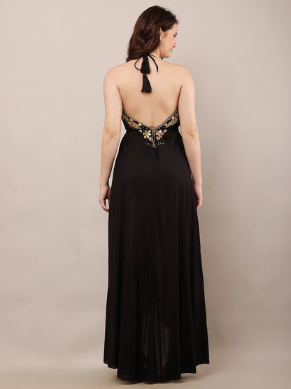 Rayon Sleeveless with V-Neck Embellished Maxi Black Dress