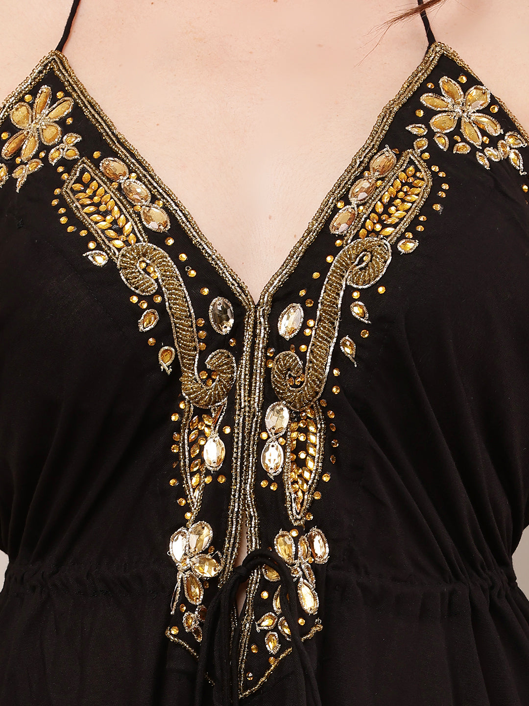 Rayon Sleeveless with V-Neck Embellished Maxi Black Dress