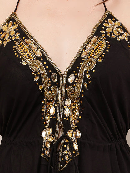 Rayon Sleeveless with V-Neck Embellished Maxi Black Dress