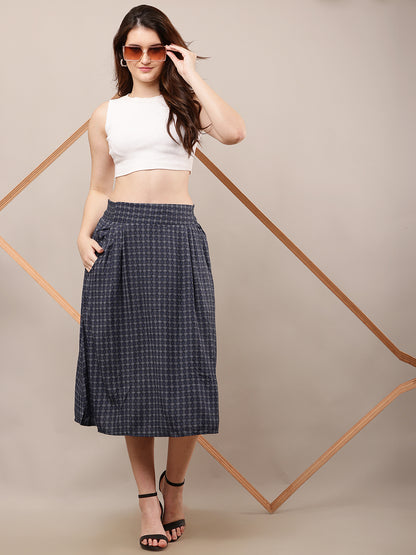 Viscose Elastic waist Casual Dark Blue Printed A-Line Skirt