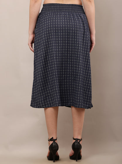 Viscose Elastic waist Casual Dark Blue Printed A-Line Skirt