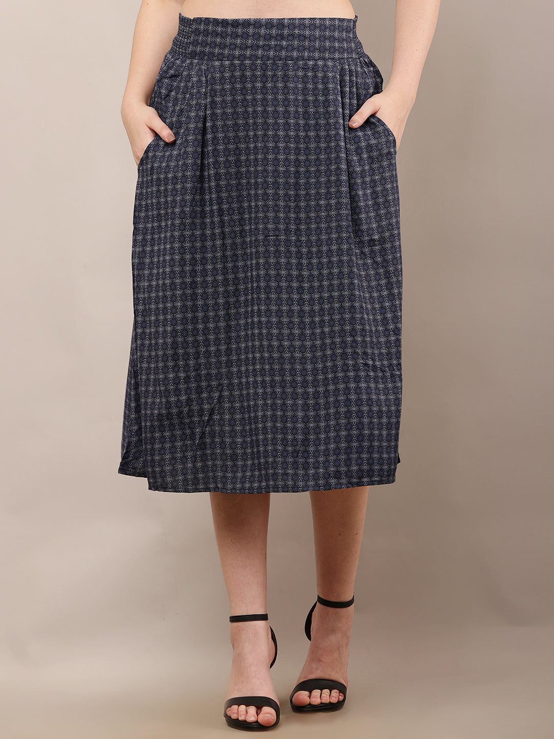 Viscose Elastic waist Casual Dark Blue Printed A-Line Skirt