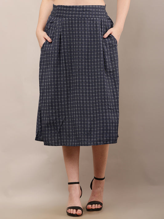 Viscose Elastic waist Casual Dark Blue Printed A-Line Skirt