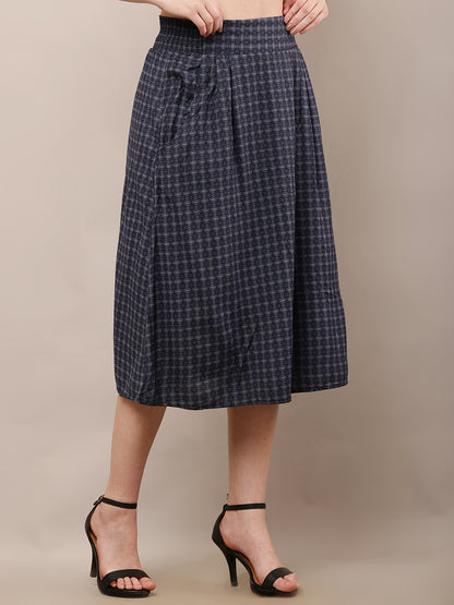 Viscose Elastic waist Casual Dark Blue Printed A-Line Skirt
