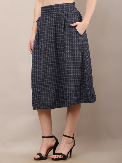 Viscose Elastic waist Casual Dark Blue Printed A-Line Skirt